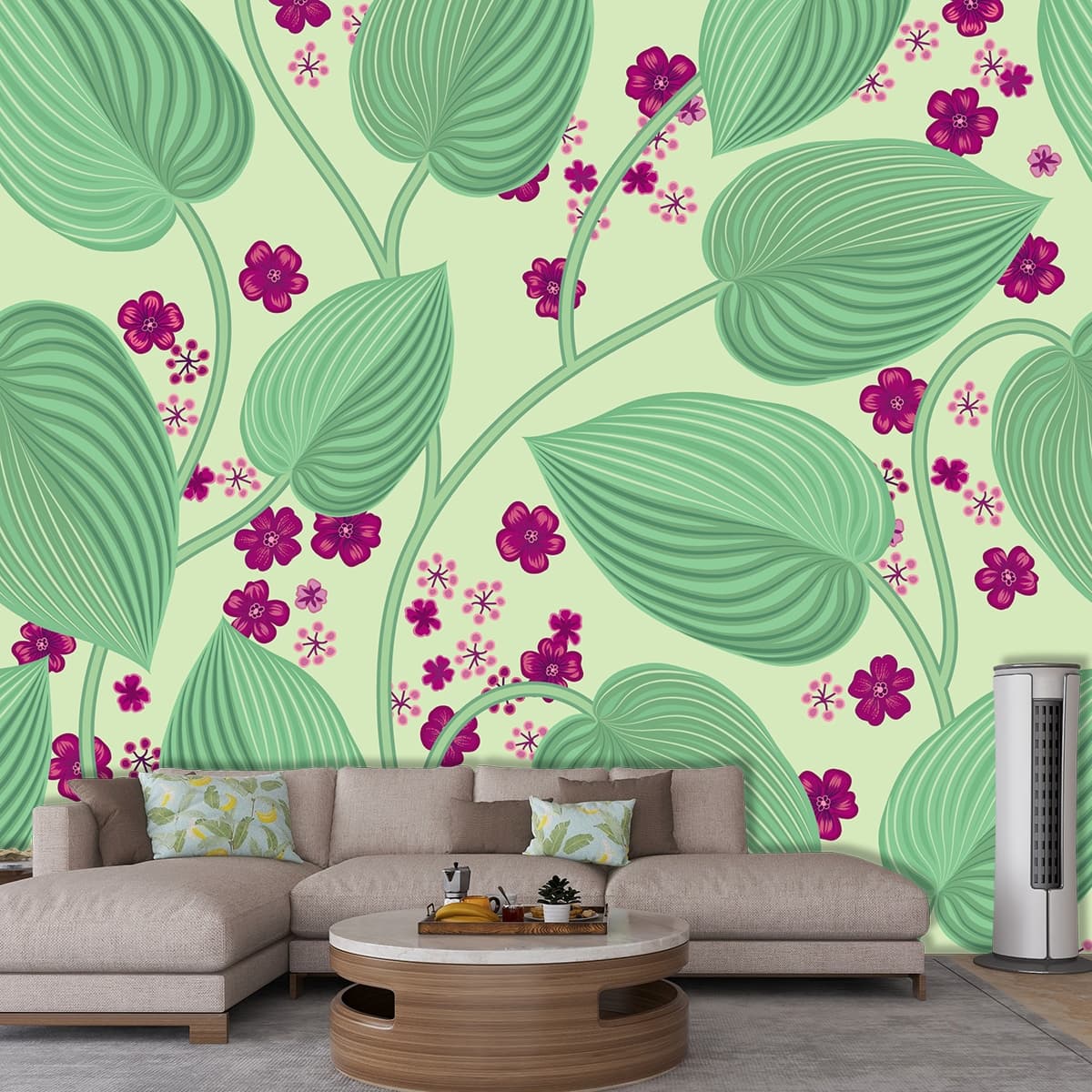 Green and Pink Floral Pattern Elegant Botanical Wallpaper shown in a room