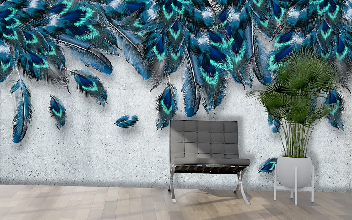 Elegant Blue Feather Pattern Aesthetic Wallpaper shown in a room