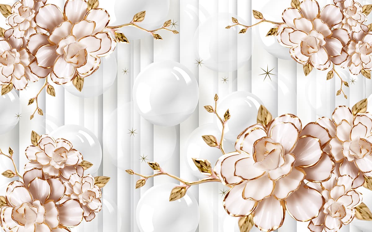 A wallpaper with flowers and bubbles pattern detail