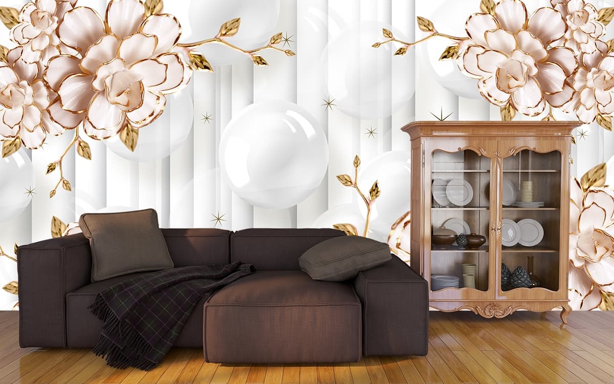 A wallpaper with flowers and bubbles shown in a room