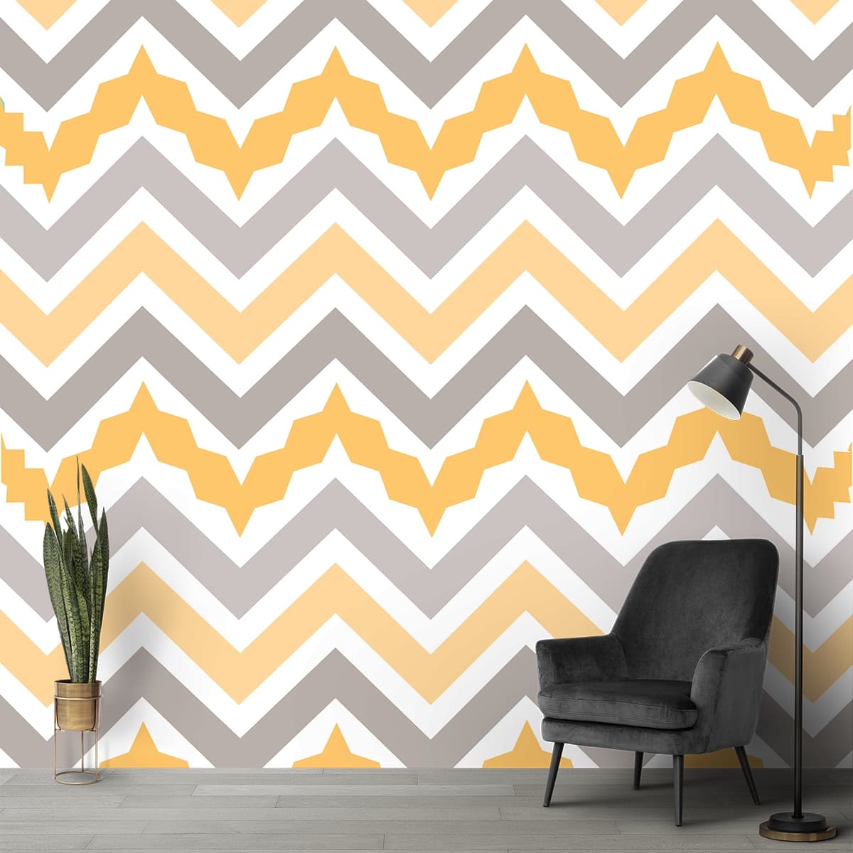 Modern Yellow Grey Zigzag Geometric Wallpaper shown in a room