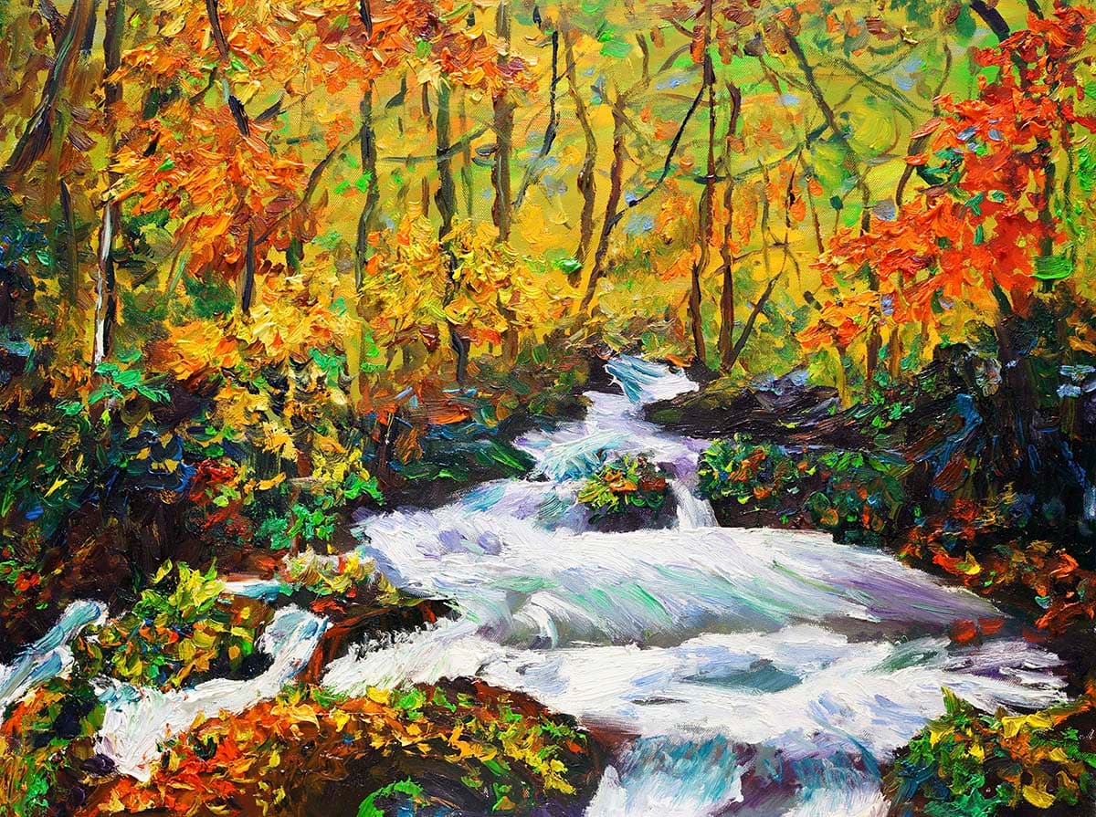 Peaceful River in the Forest Painting Wallpaper pattern detail