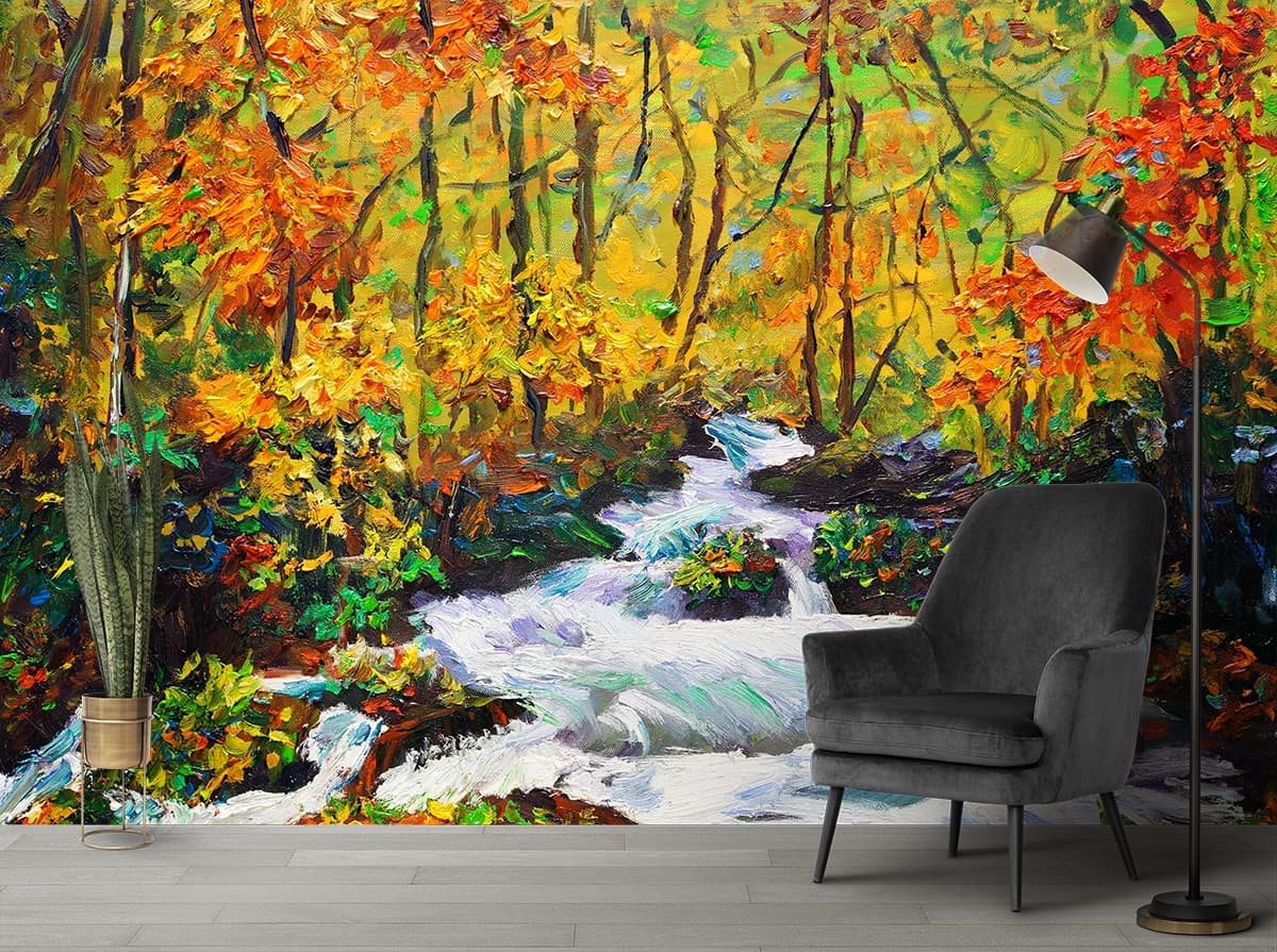 Peaceful River in the Forest Painting Wallpaper shown in a room