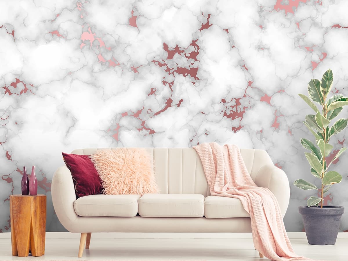 Dreamy Clouds on Pink Pastel Background Wallpaper shown in a room