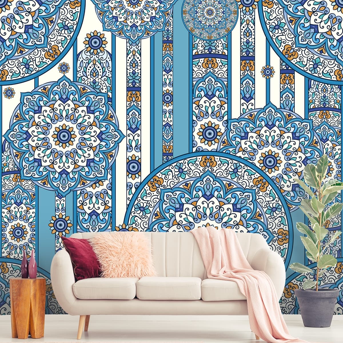 Modern Circular Pattern on Striped Surface Wallpaper shown in a room