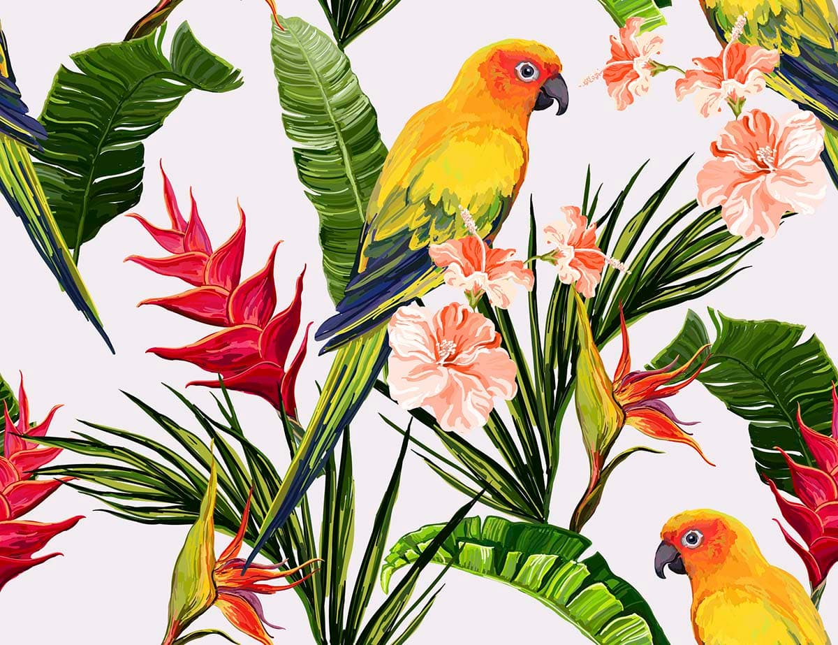 Colorful Tropical Leaves and Parrot Wallpaper for Wall pattern detail