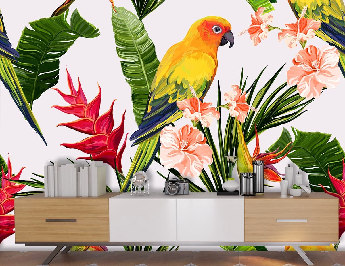 Colorful Tropical Leaves and Parrot Wallpaper for Wall shown in a room