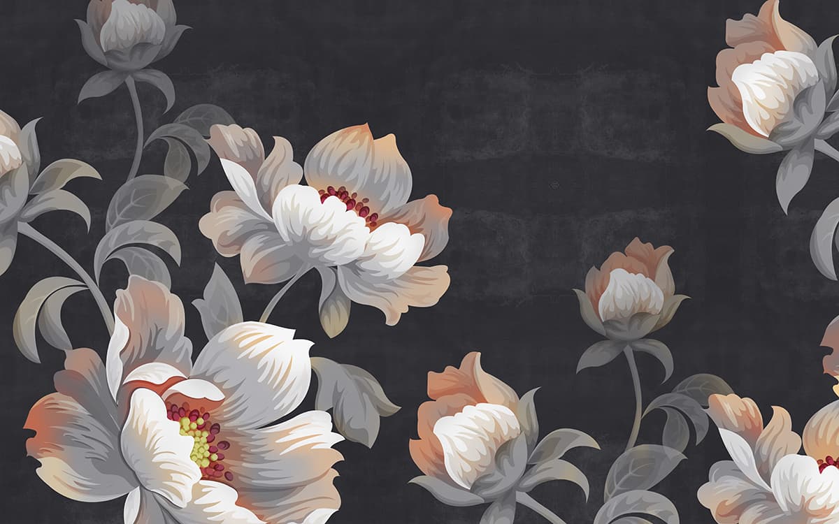 A Wallpaper of White Flowers with a Vintage Black Background pattern detail