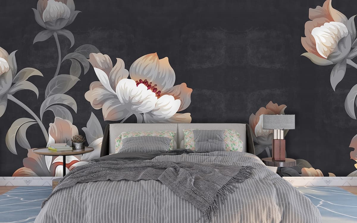 A Wallpaper of White Flowers with a Vintage Black Background shown in a room