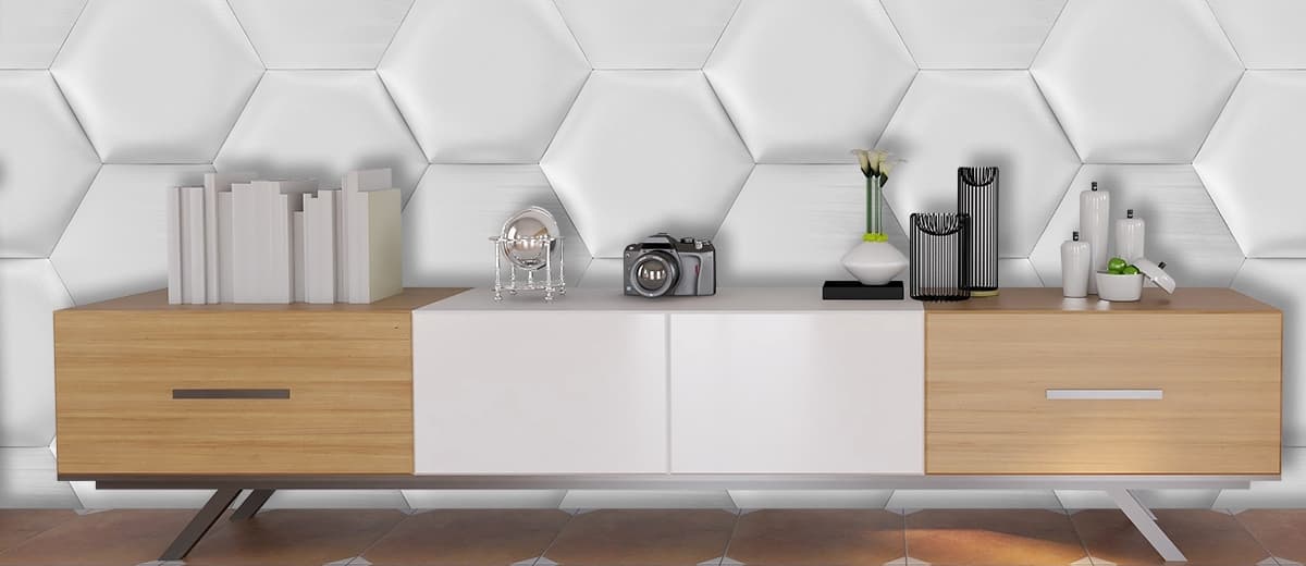 3D Dining Room Wallpaper of White Hexagon Pattern shown in a room