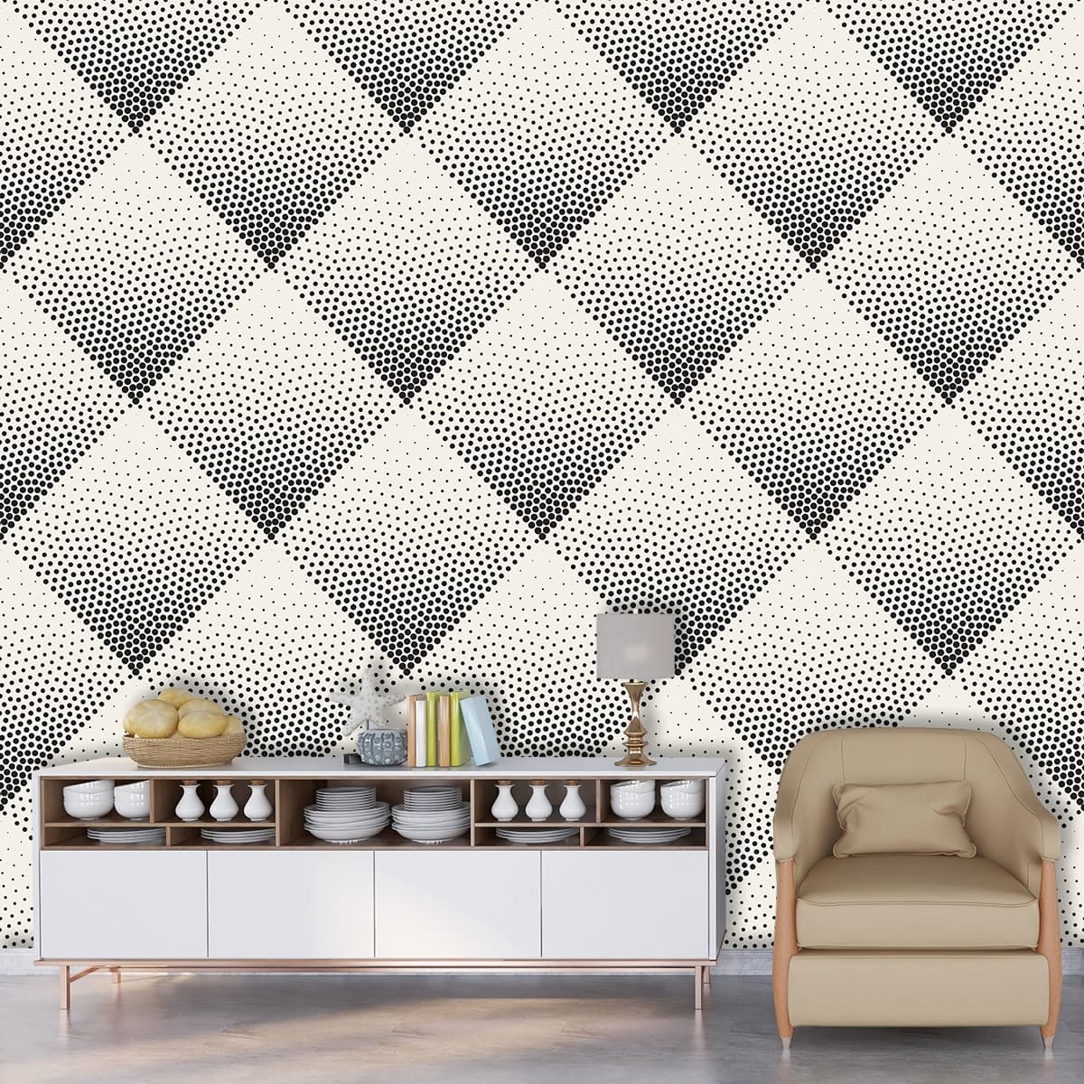 Clean monochrome dots in seamless grid style wallpaper shown in a room