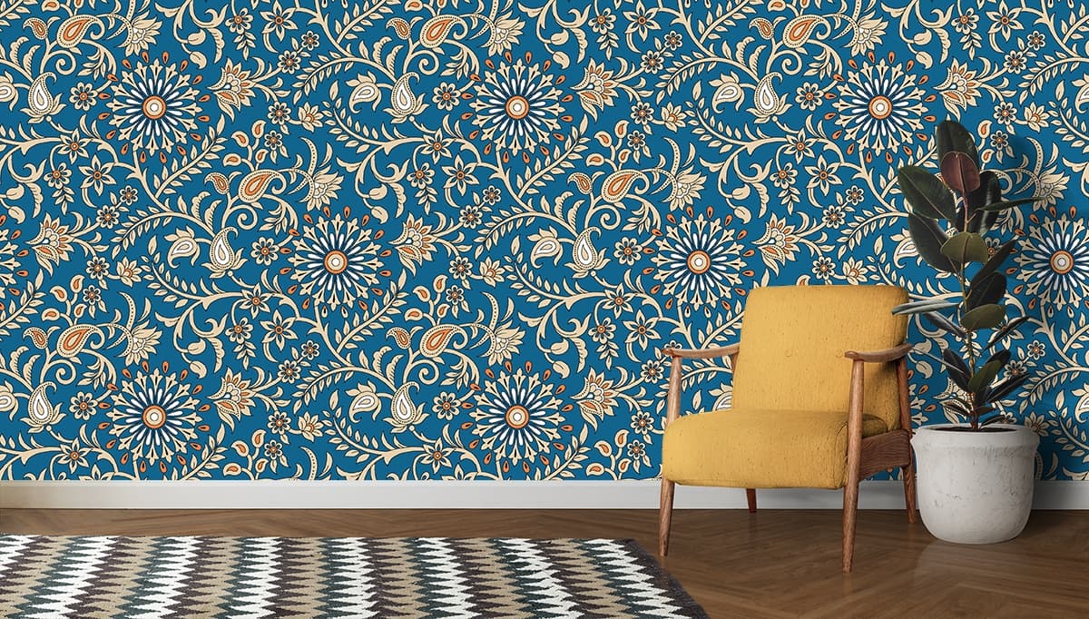 Vintage Blue Paisley Floral Wallpaper shown in a room