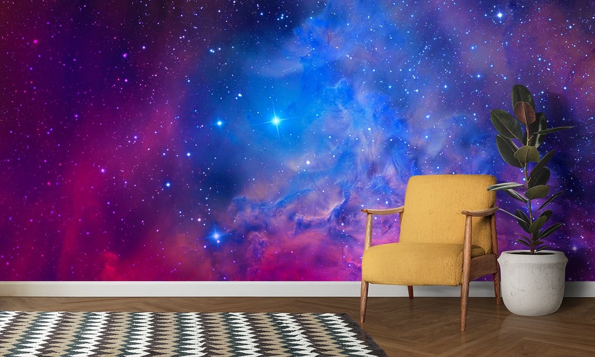Ceiling Wallpaper With Bursting Nebula in Space shown in a room