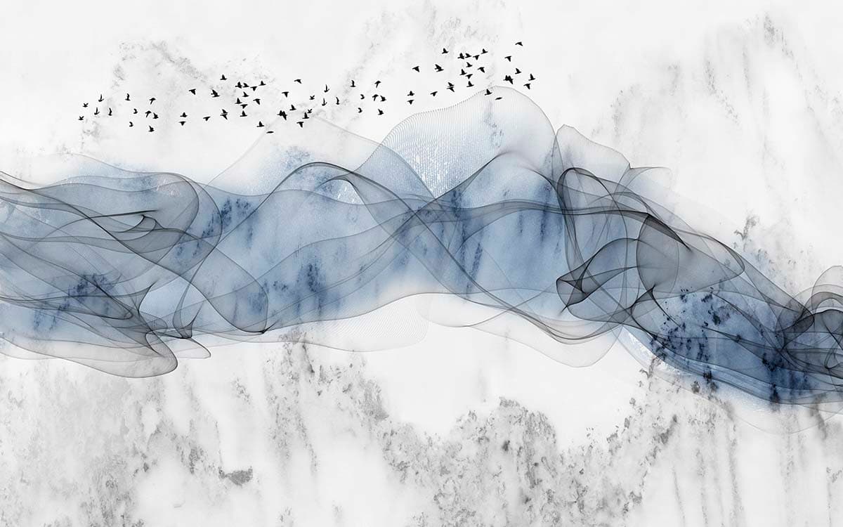 Blue smoke waves with birds in surreal sky wallpaper pattern detail