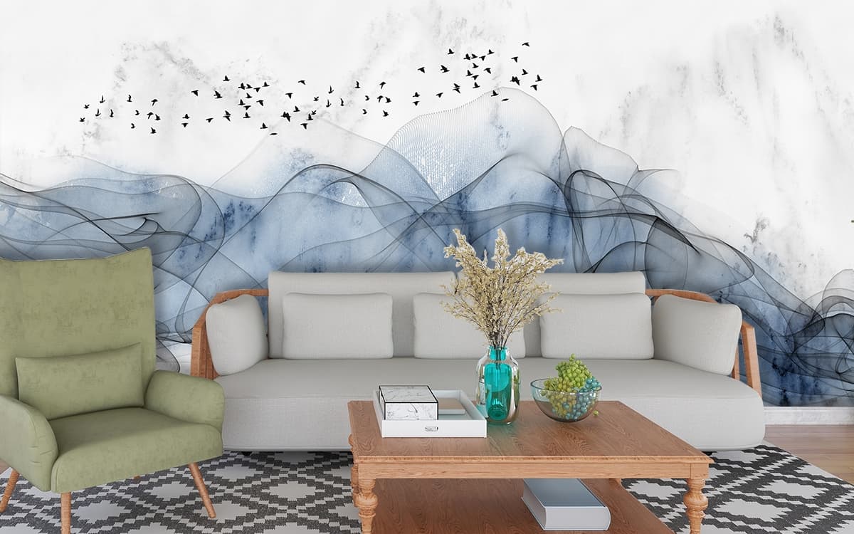 Blue smoke waves with birds in surreal sky wallpaper shown in a room