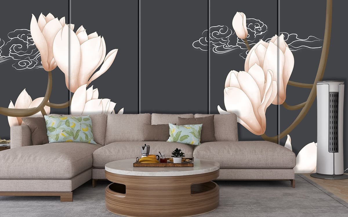 A Seamless Wallpaper Pattern of Beautiful Lillies shown in a room