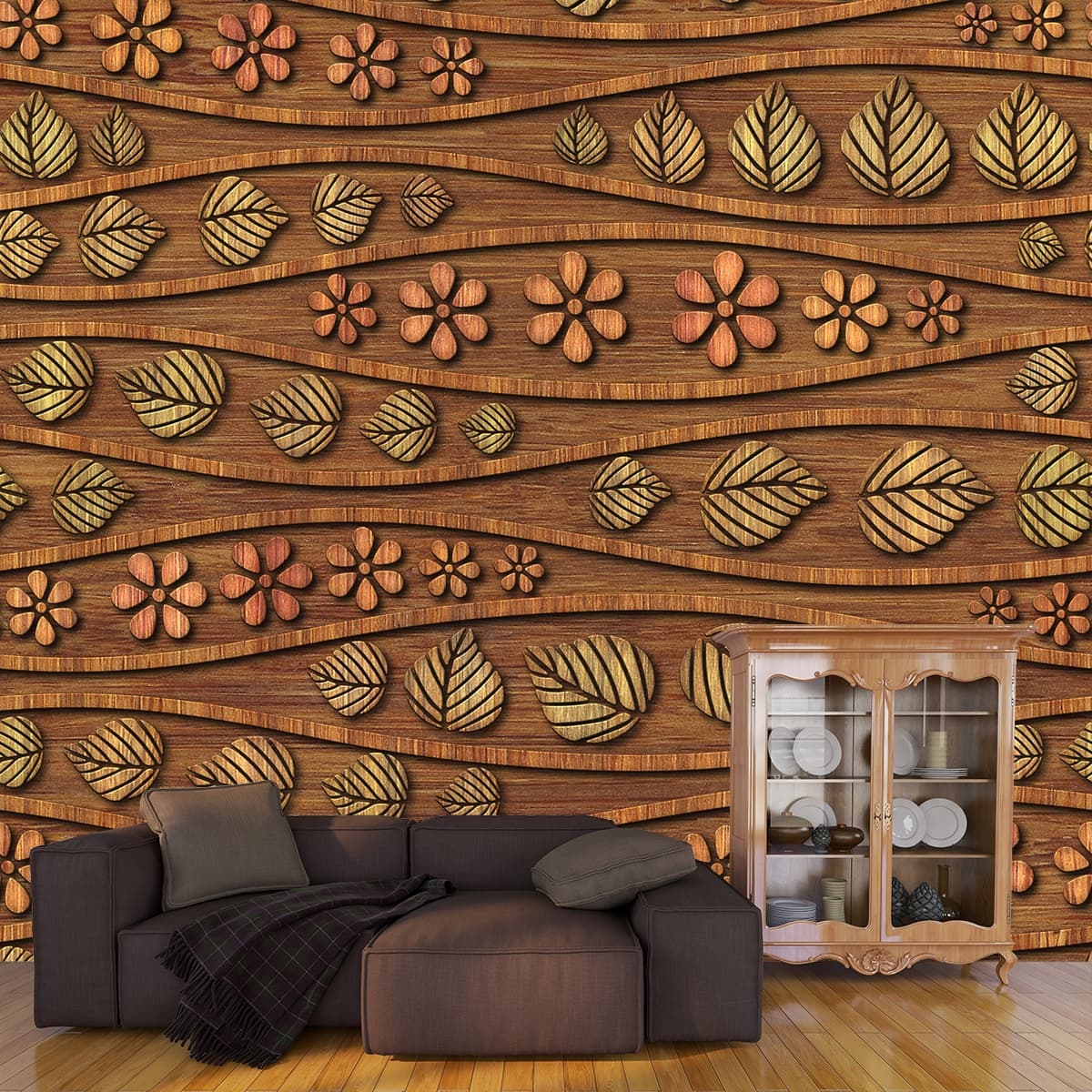 A pattern of leaves and flowers on a wood surface shown in a room