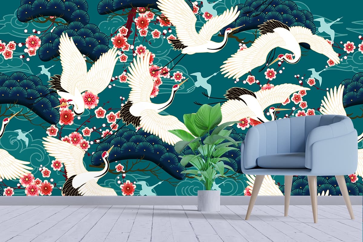 A Pattern of Birds Flying in the Air Scenic Wallpaper shown in a room