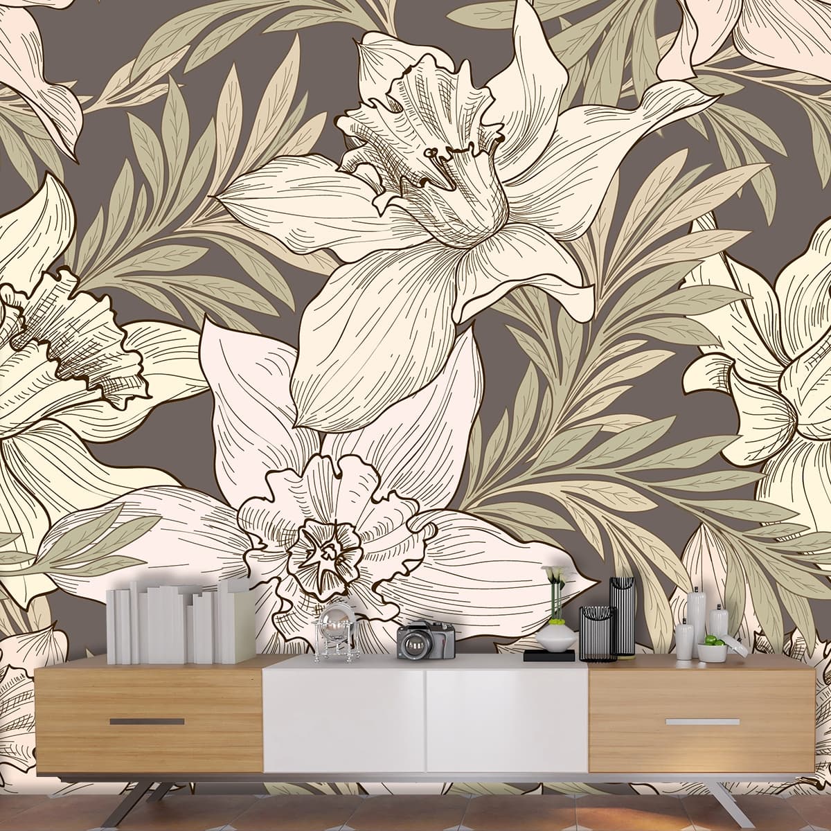 Soft botanical pattern with flowers and leaves design wallpaper shown in a room