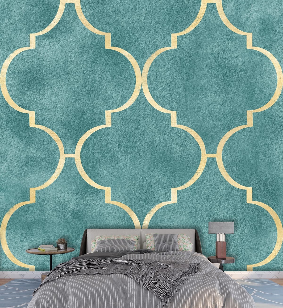 Blue and Glod Geometric Pattern Wallpaper for Drawing Room shown in a room