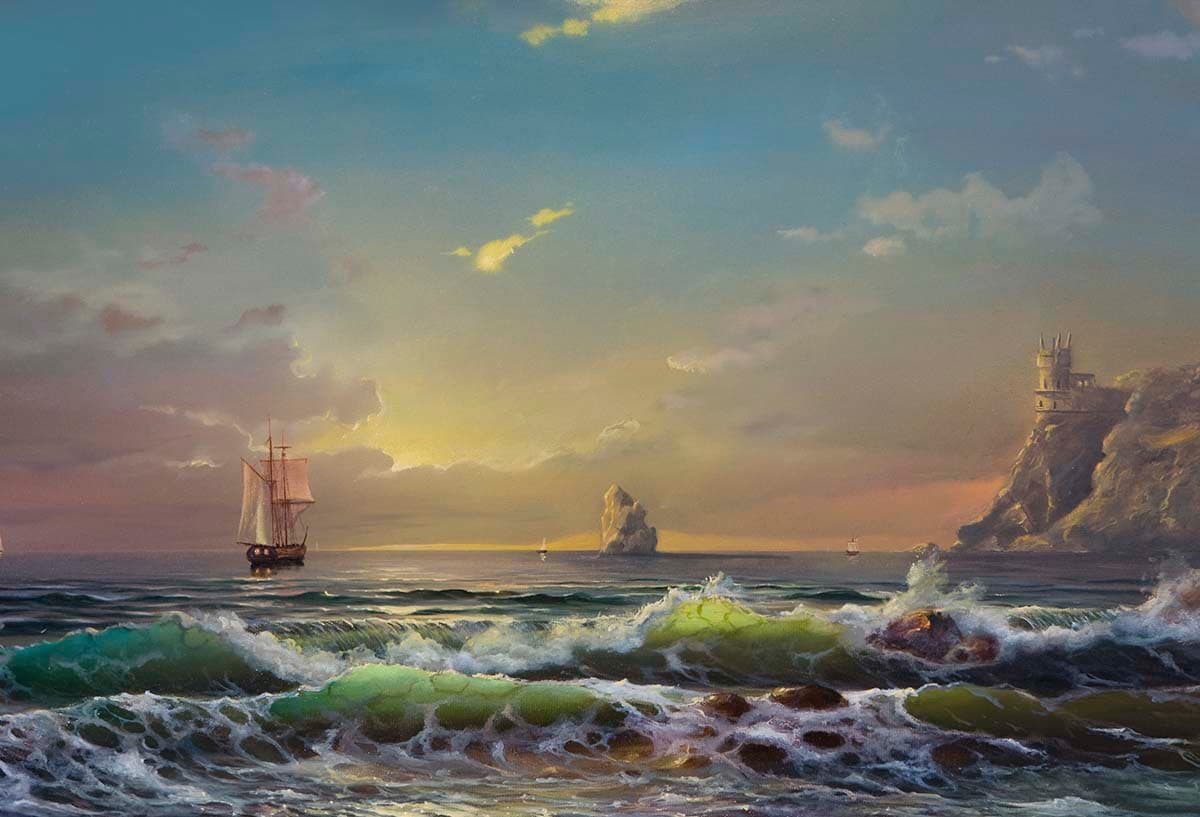 Sailboat in the Ocean Scenic Painting Wall Mural Wallpaper pattern detail