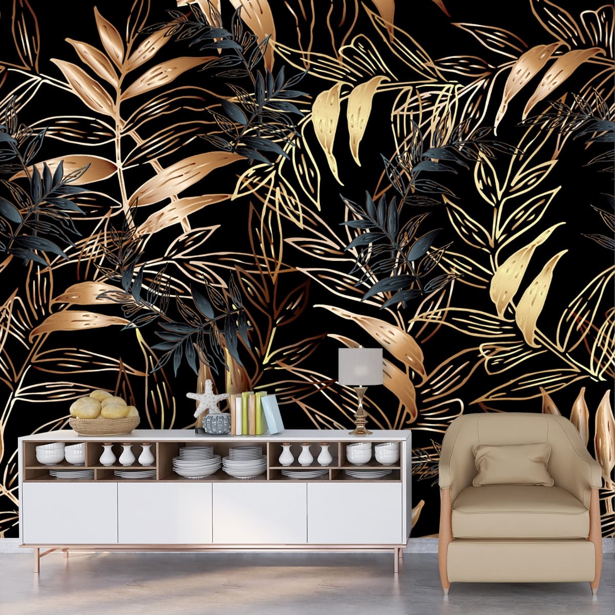 Black and Gold Tropical Wallpaper shown in a room