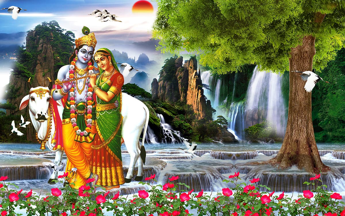 Radha Krishna Scenery Mural Wallpaper pattern detail