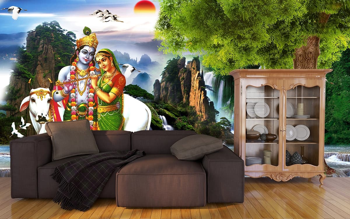 Radha Krishna Scenery Mural Wallpaper shown in a room