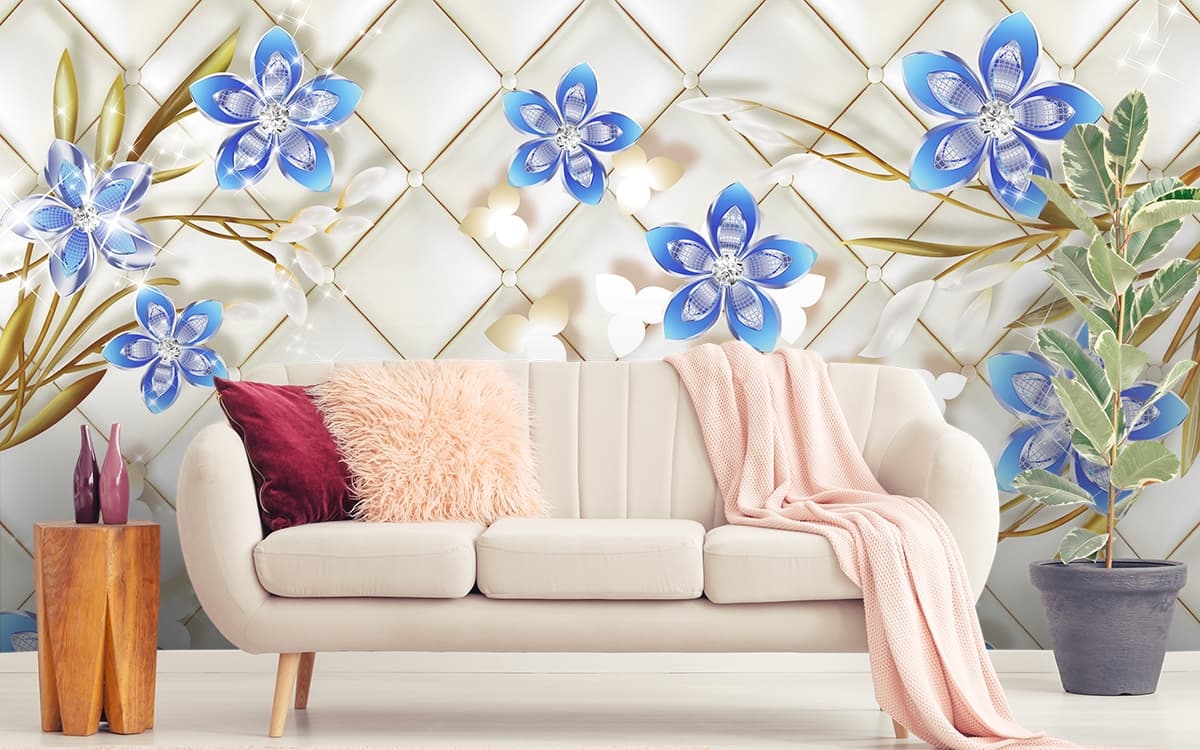 Decorative Flowers and Leaves wallpaper shown in a room