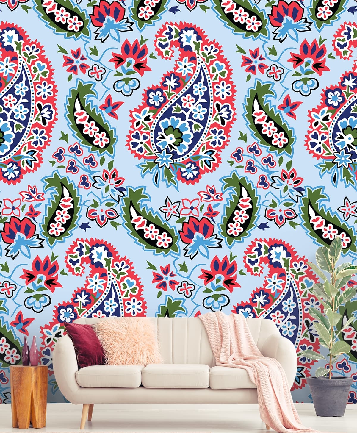 Vintage Paisley Floral Pattern Blue Design wallpaper shown in a room