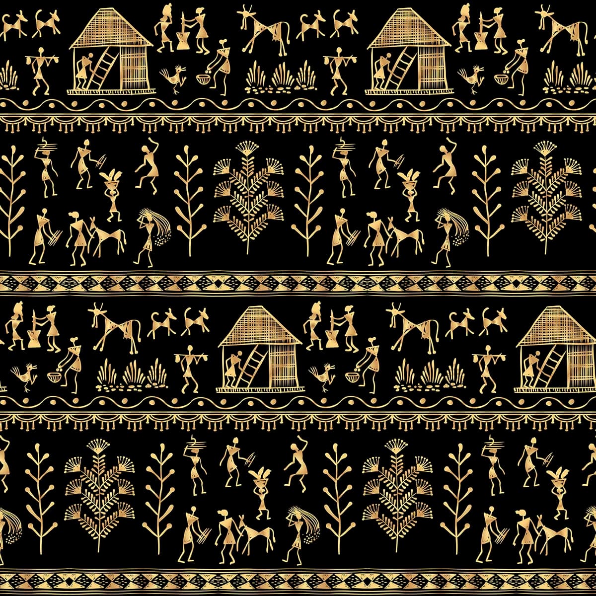 Black and Gold Tribal Warli Wallpaper, Warli Painting pattern detail