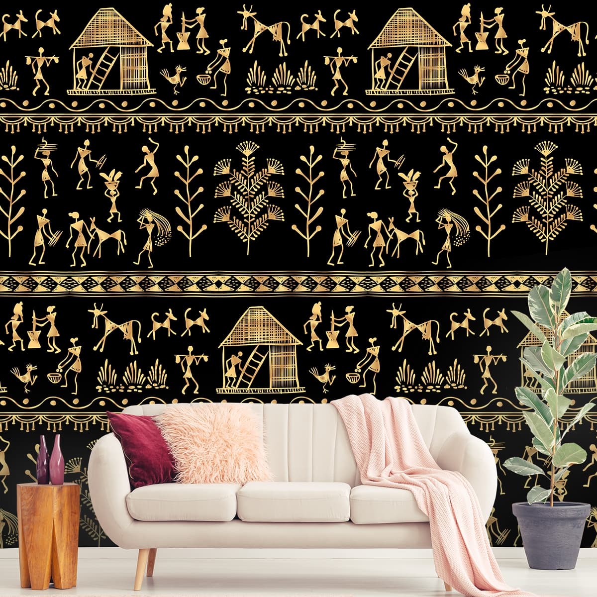 Black and Gold Tribal Warli Wallpaper, Warli Painting shown in a room
