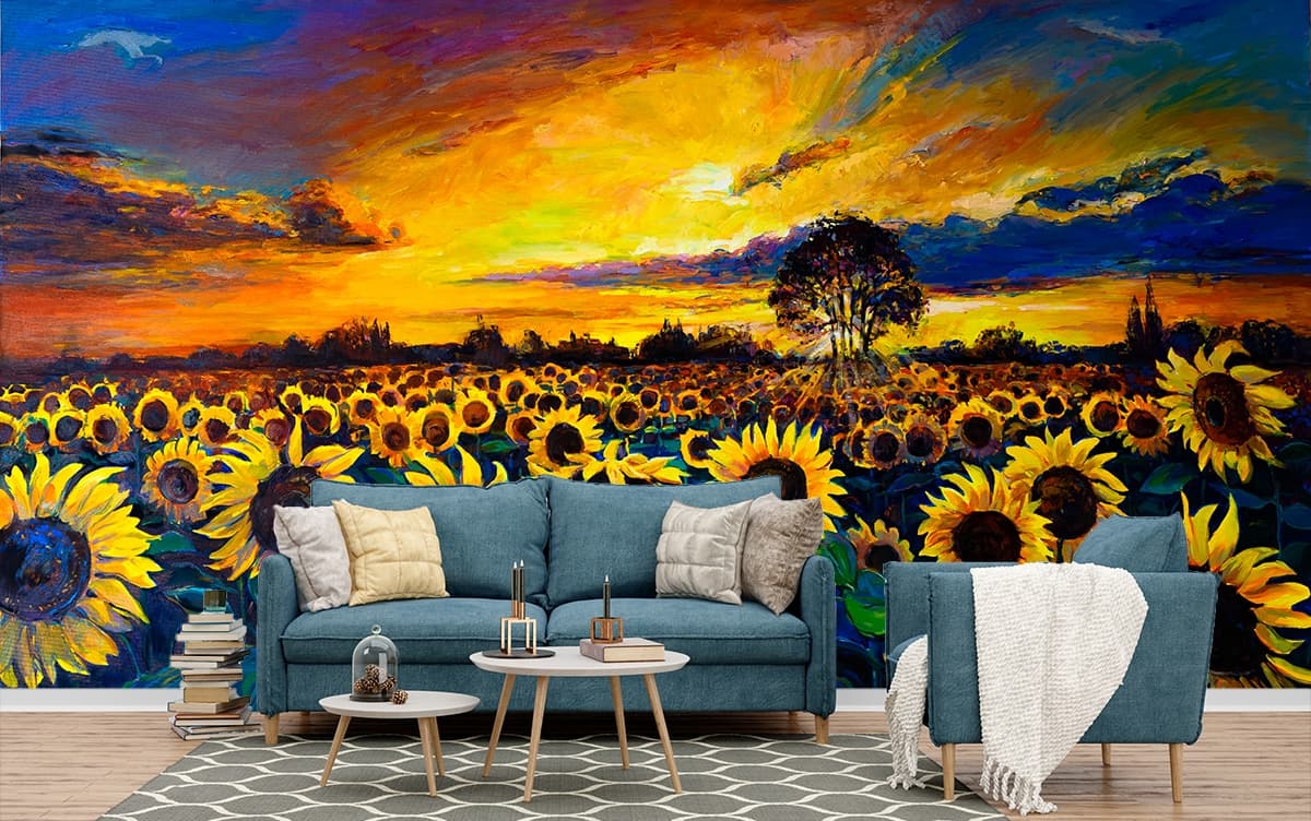 Sunflowers Canvas Living Room Wall Painting Wallpaper shown in a room
