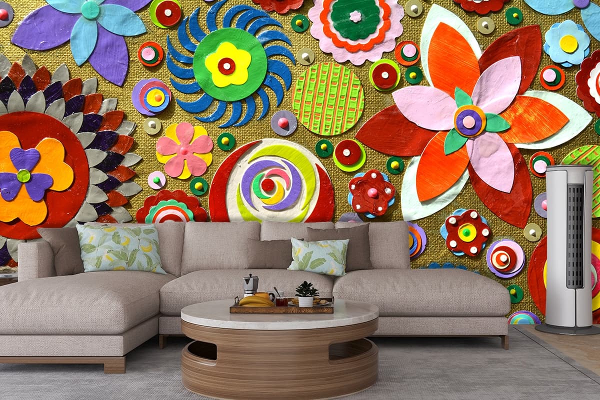 Artistic Garden Mosaic Wallpaper shown in a room