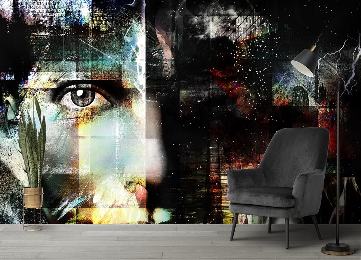 A close up of a person's face shown in a room
