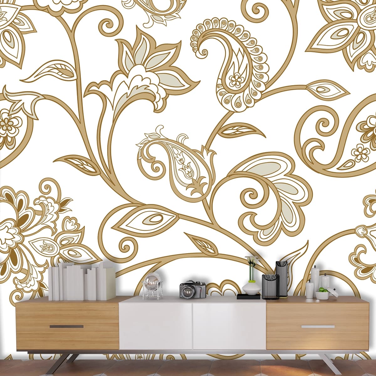 An Oriental Paisley Floral Pattern Wallpaper shown in a room