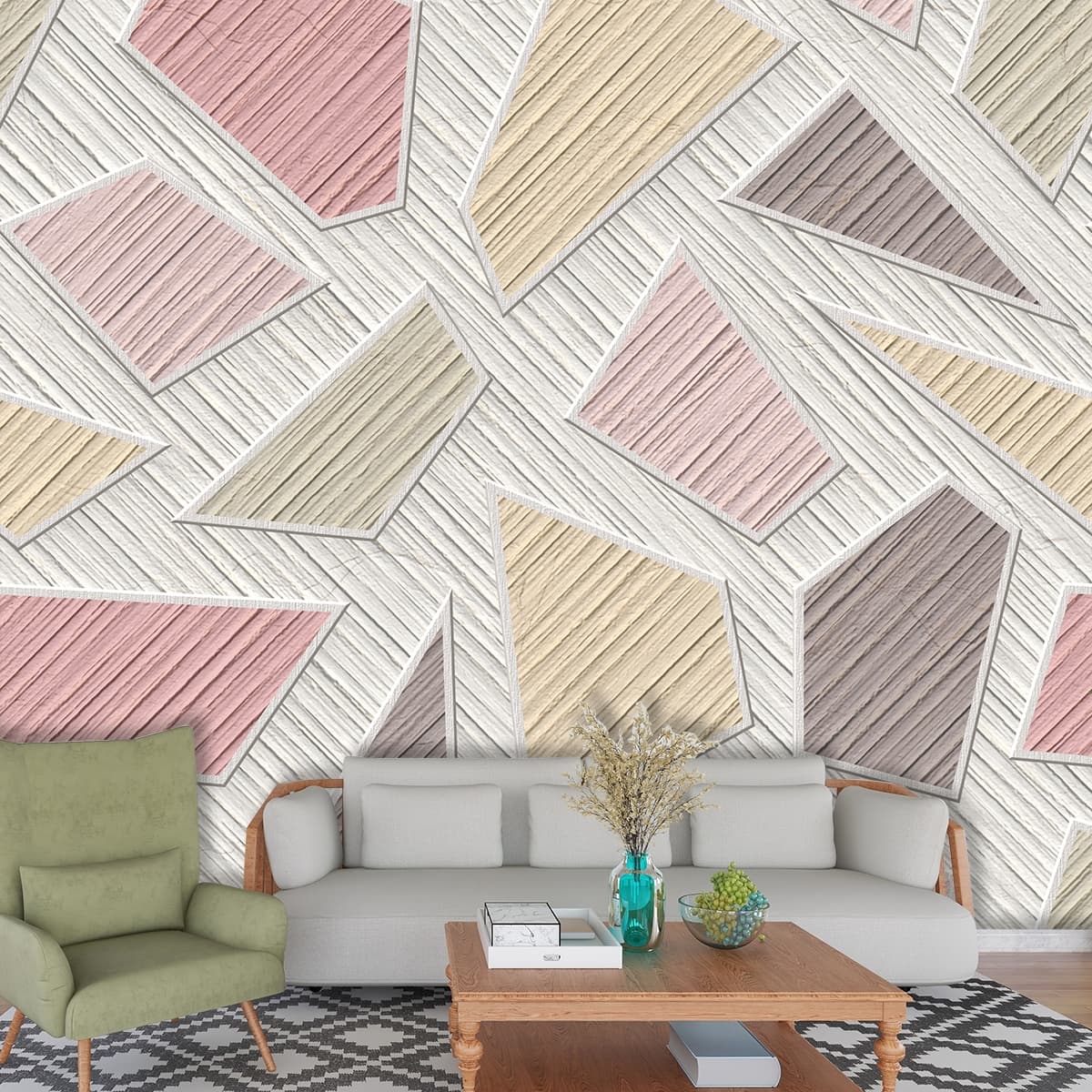 3D Colored Triangles Tile Wallpaper shown in a room