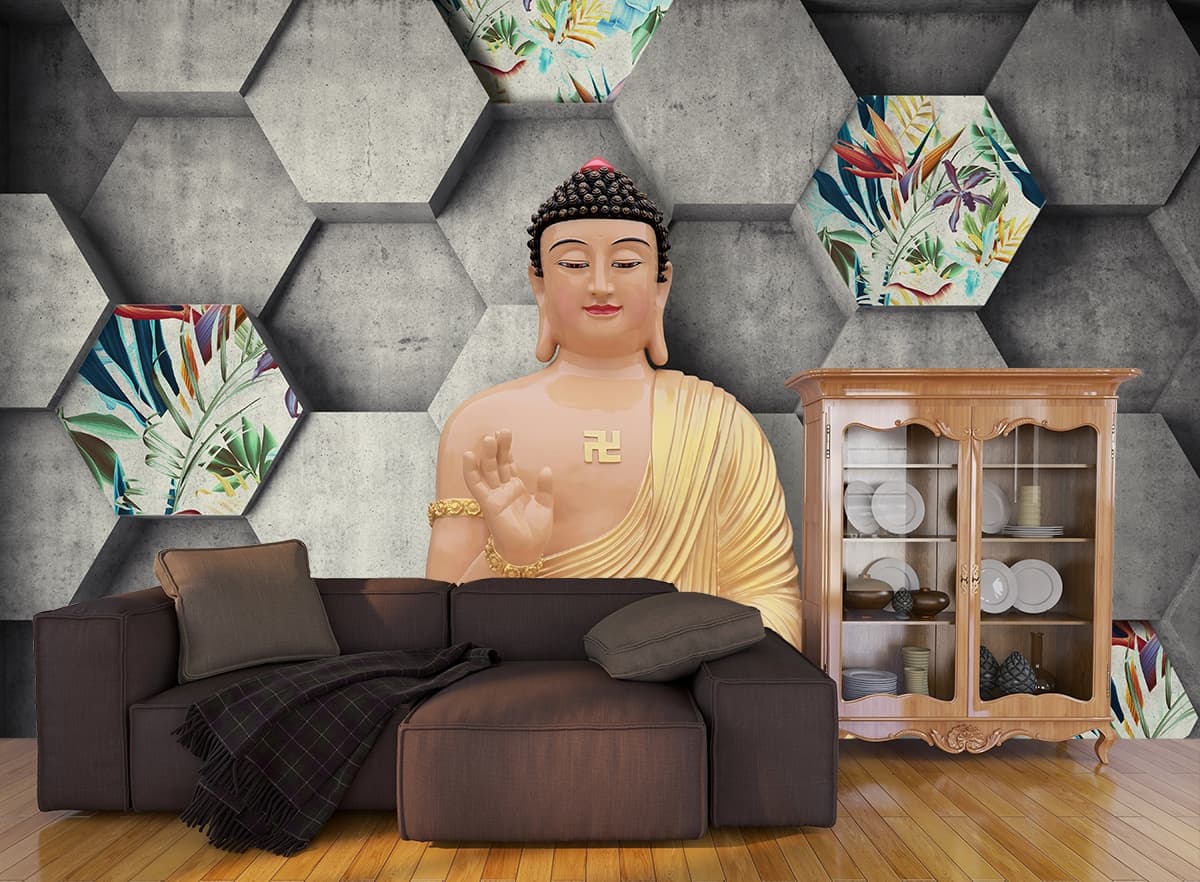 Luxury Buddha Statue Peaceful Zen Style Wallpaper shown in a room