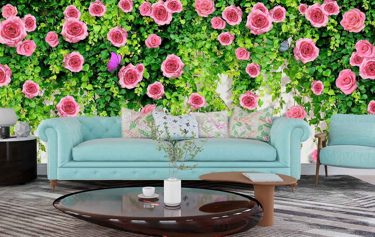 3D Dining Room Wallpaper With Pink Roses shown in a room