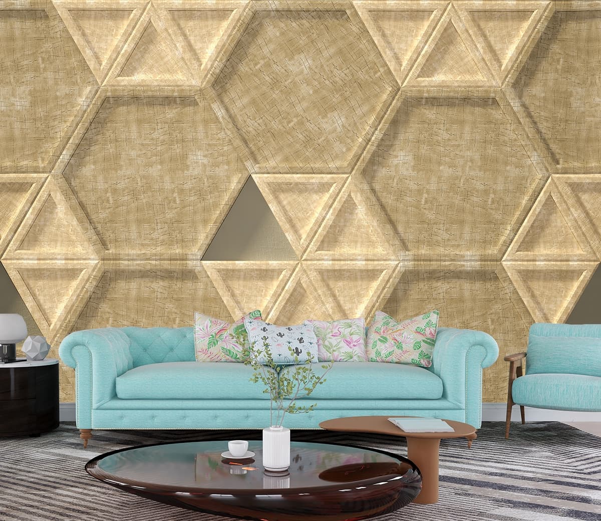 A Seamless Fabric Texture Wallpaper in Geometric Style shown in a room