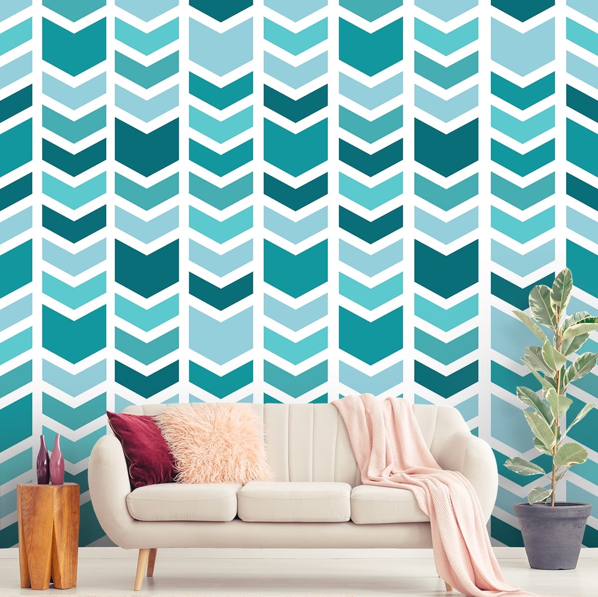 A pattern of blue and white arrows shown in a room