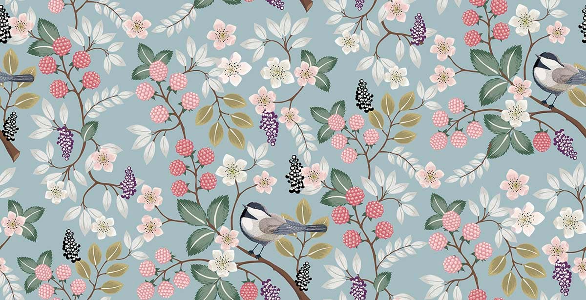 Serene Bird on Floral Branch Decorative Wallpaper pattern detail
