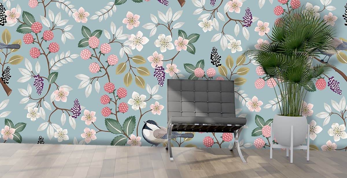 Serene Bird on Floral Branch Decorative Wallpaper shown in a room