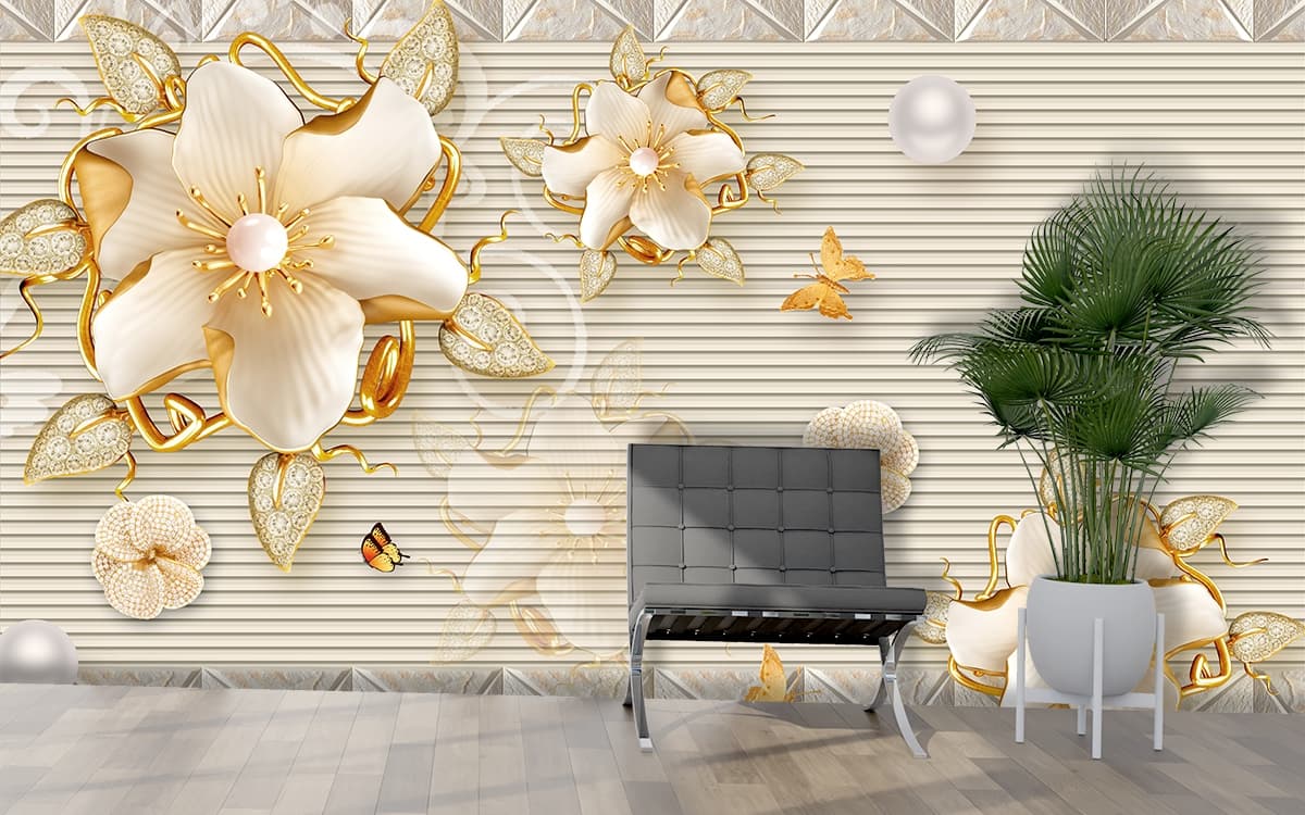 Aesthetic Floral and Butterfly Design Wallpaper shown in a room