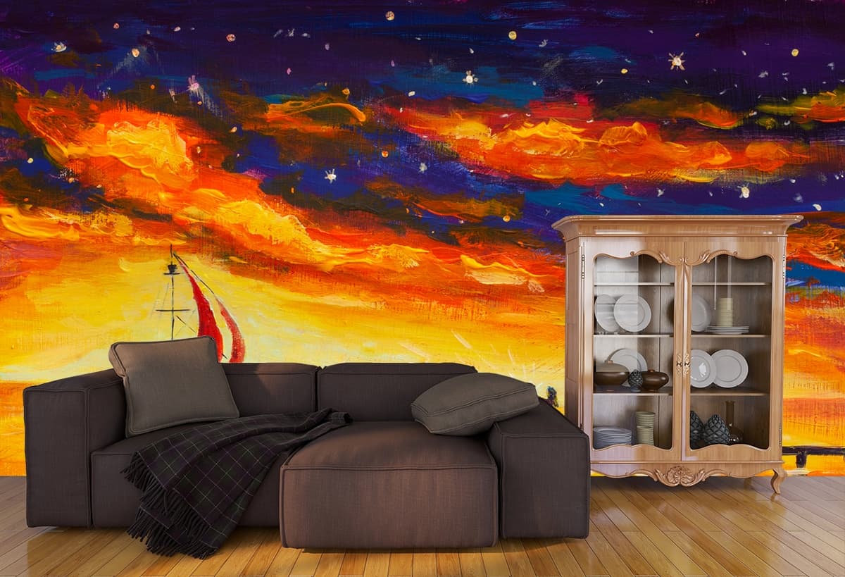 Sailboat and Sunset Majestic Murals Living Room Wallpapers shown in a room