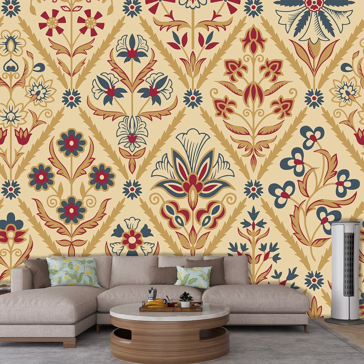 Floral Pattern with Flowers and Leaves Design wallpaper shown in a room