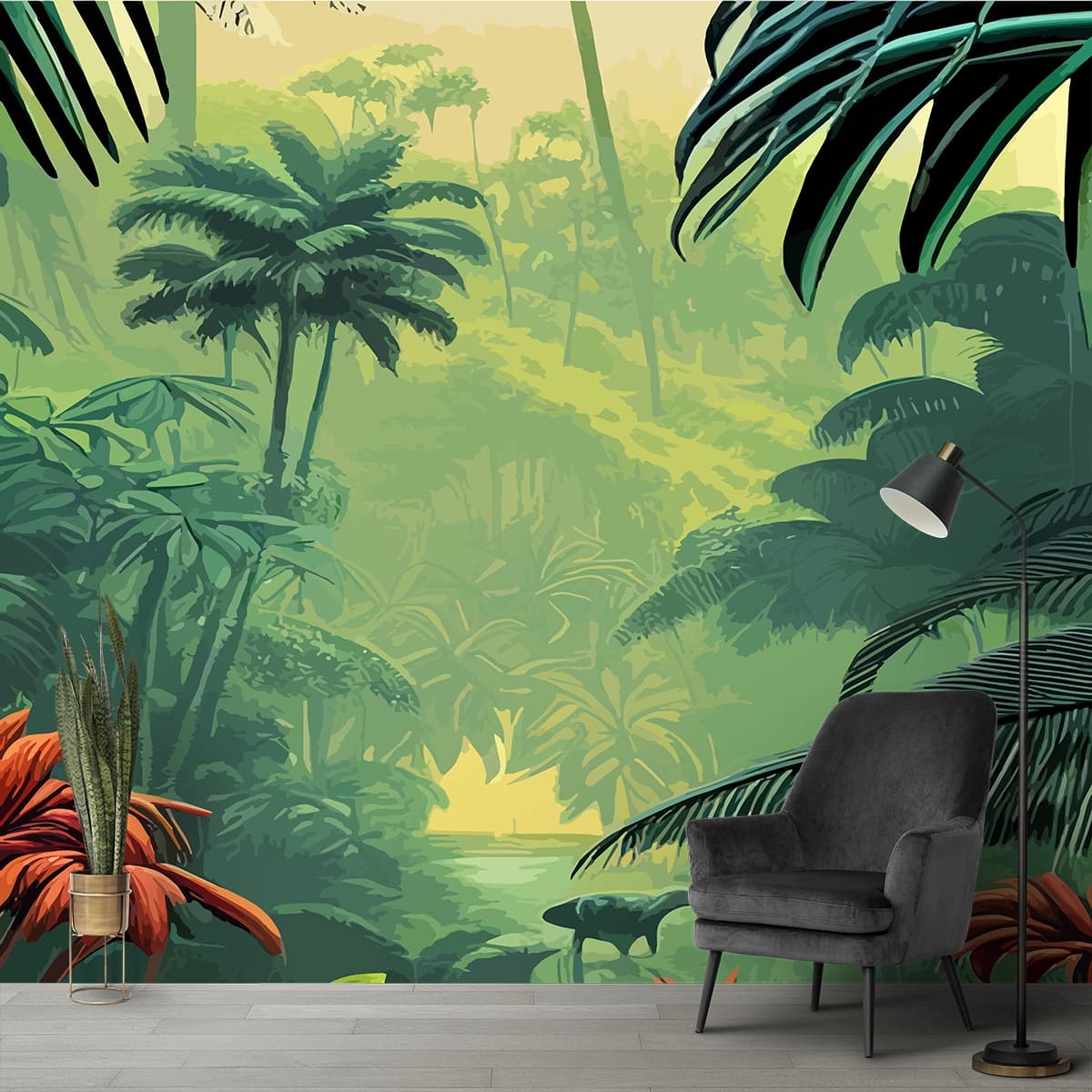 Refreshing Lush Green Tropical Wallpaper shown in a room
