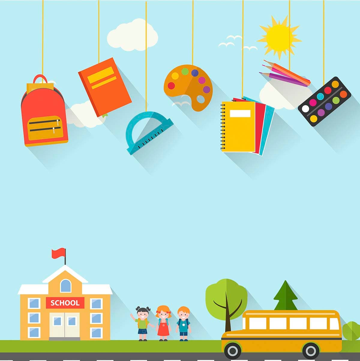 Cute School Bus with Hanging Supplies Wallpaper pattern detail