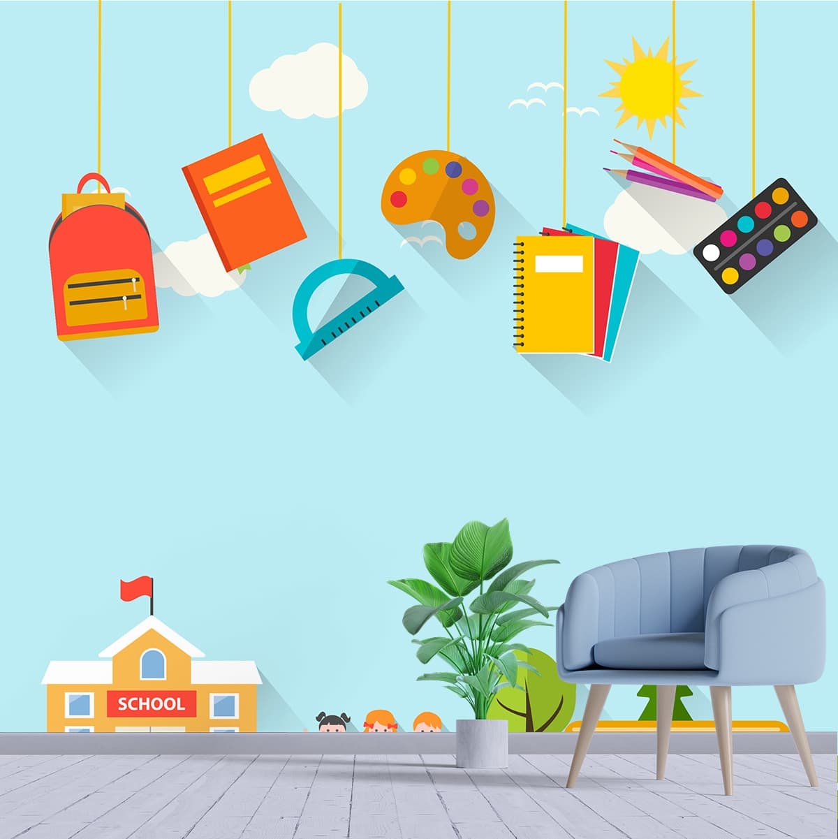 Cute School Bus with Hanging Supplies Wallpaper shown in a room