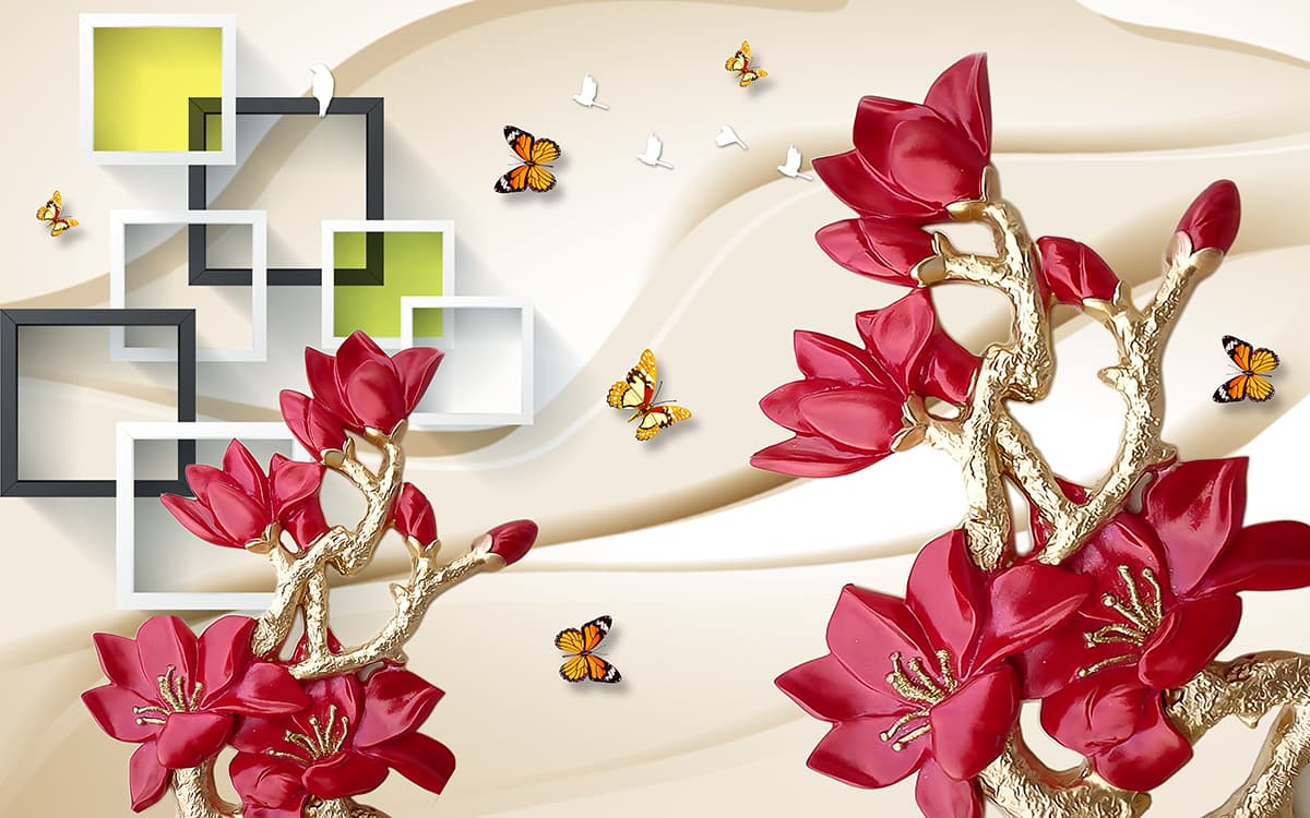 Flowers and Butterflies Pattern Elegant Wall Mural Wallpaper pattern detail